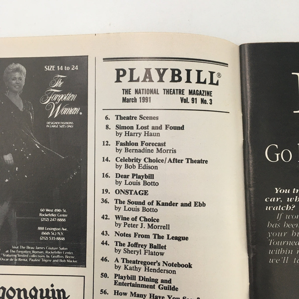 Inside page of the 1991 Playbill for Circle Repertory Company 'Road to Nirvana' listing various articles and sections of the play.