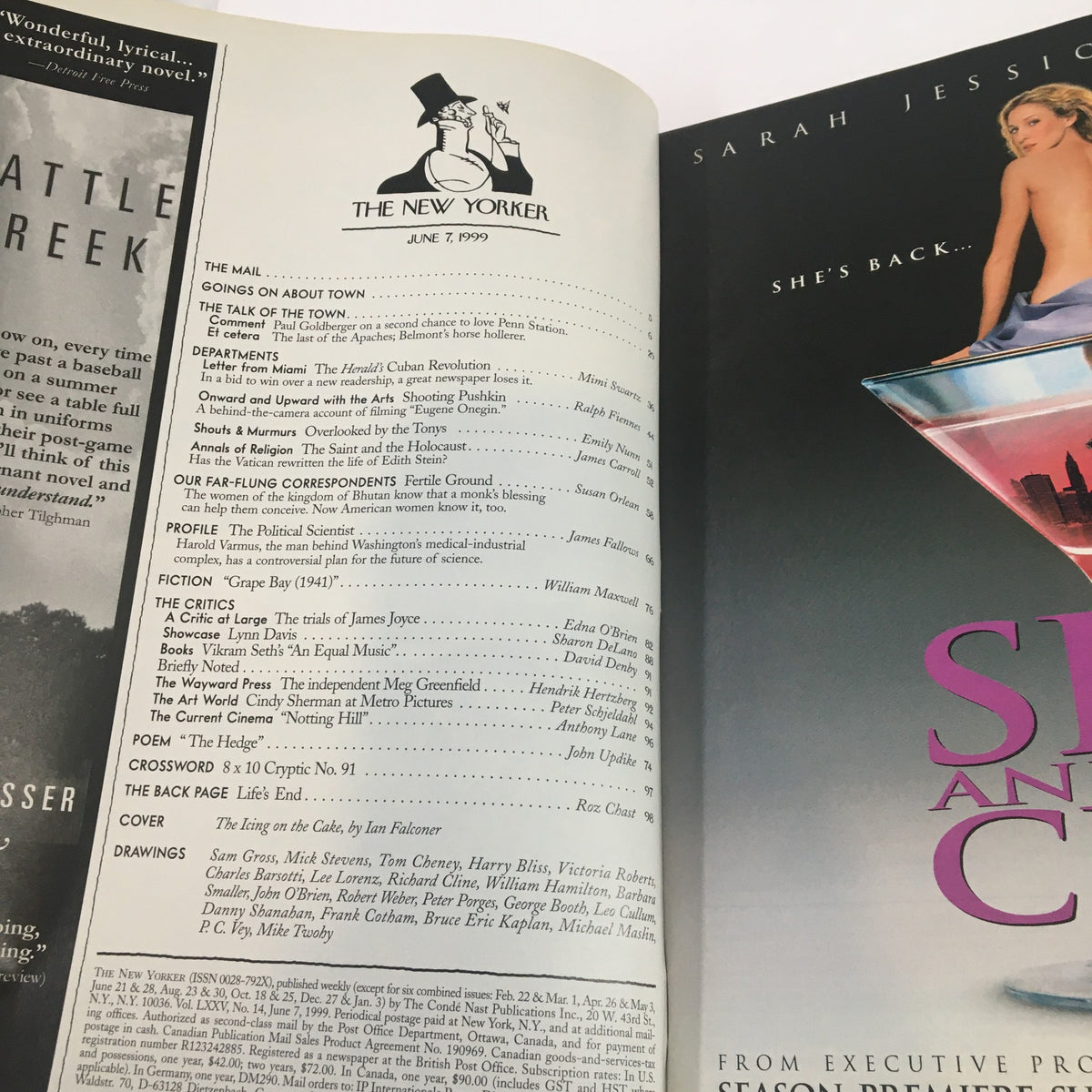 Interior page of The New Yorker magazine from June 7, 1999, showcasing the table of contents and articles featured in the issue, including the cover drawing "The Icing on the Cake" by Ian Falconer.