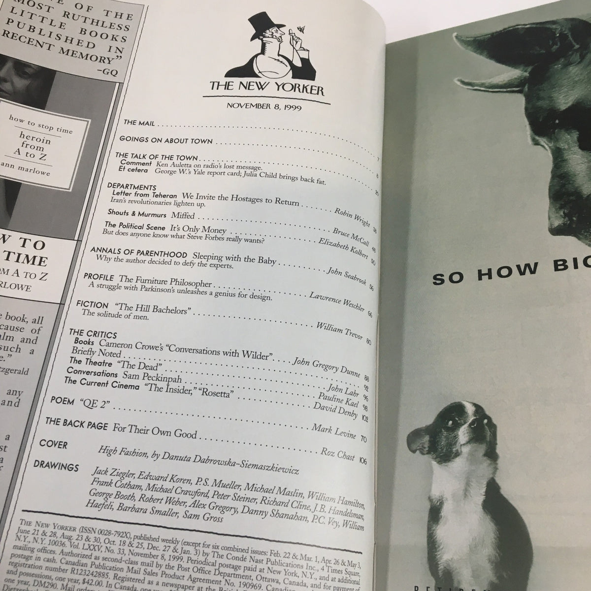 Inside page of The New Yorker Full Magazine November 8 1999, displaying the table of contents with articles and illustrations reflecting cultural themes of the late 1990s.