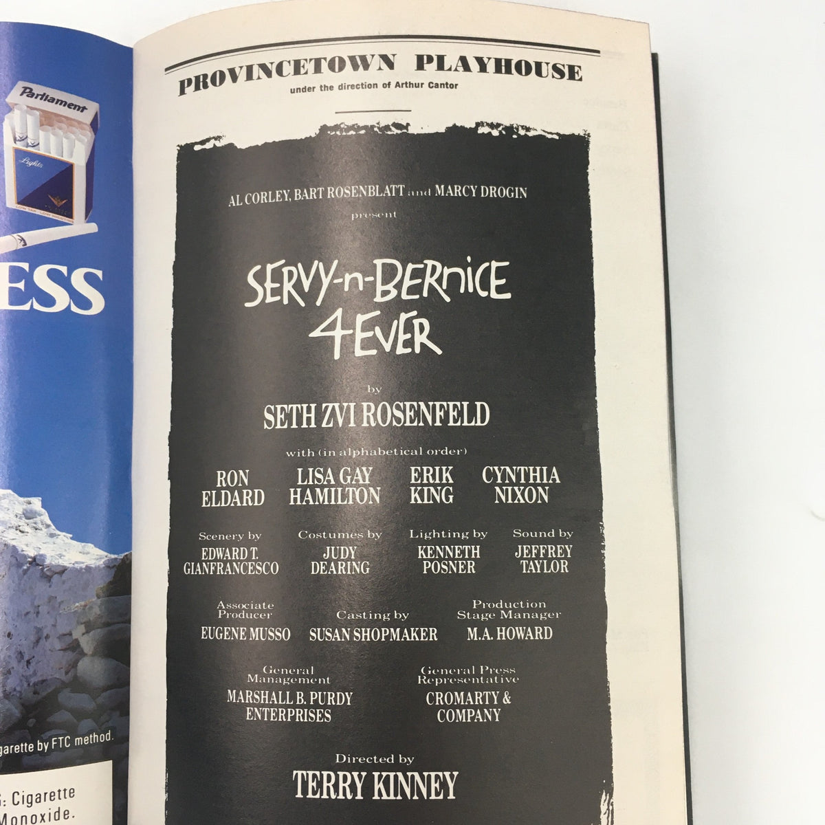 1991 Playbill for Princetown Playhouse ‘Servy-n-Bernice 4Ever’ by Seth Zvi Rosenfeld featuring cast members Ron Eldard, Lisa Gay Hamilton, Erik King, and Cynthia Nixon.