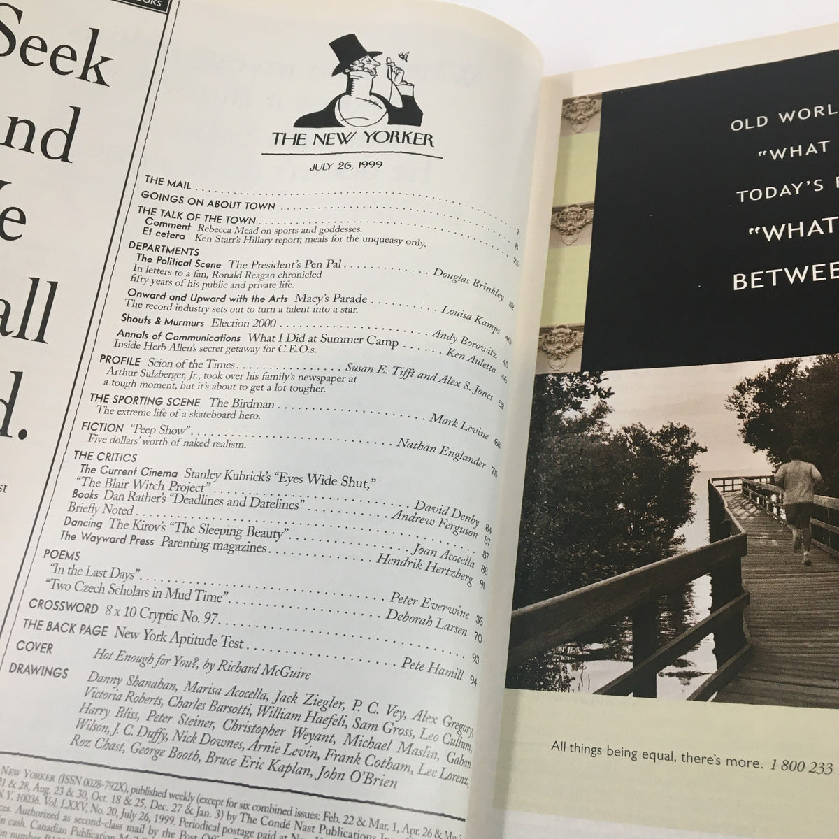 Interior page of The New Yorker Magazine, July 26, 1999, displaying the table of contents with article titles and contributors.