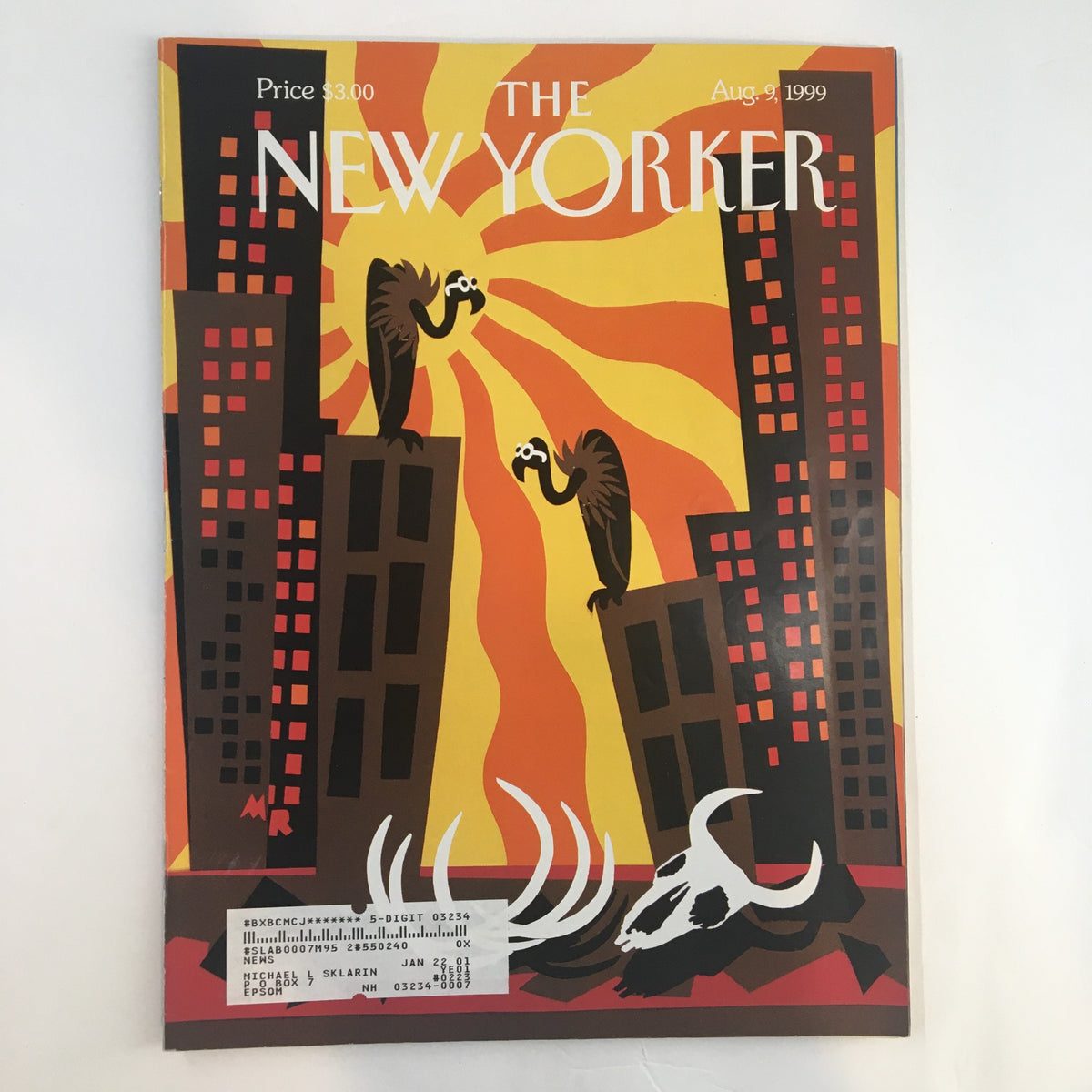 The New Yorker Full Magazine August 9 1999 featuring cover art titled 'Heat Wave' by Michael Roberts, showcasing a vibrant design with buildings and birds against a colorful sunset.