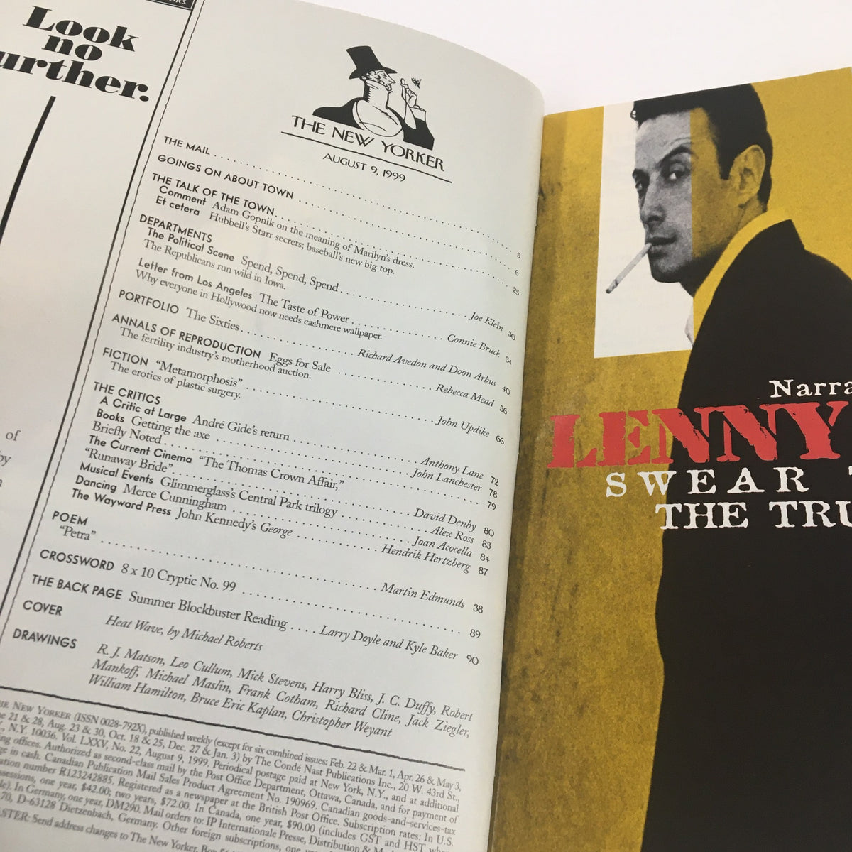 Interior page of The New Yorker Full Magazine August 9 1999, displaying the table of contents including articles and features, highlighting the magazine's editorial style.