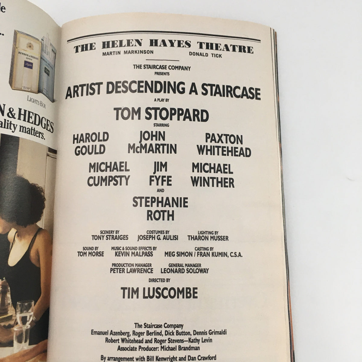 1989 Playbill for 'Artist Descending A Staircase' by Tom Stoppard at the Helen Hayes Theatre, featuring the cast and production details. Vintage theatrical memorabilia showcasing iconic performances.