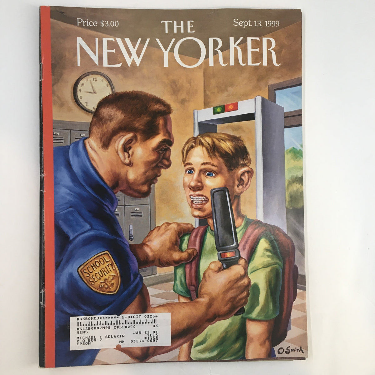 Cover of The New Yorker Magazine September 13, 1999, featuring the artwork 'Brace Yourself' by Owen Smith, depicting a school security officer inspecting a student with braces.
