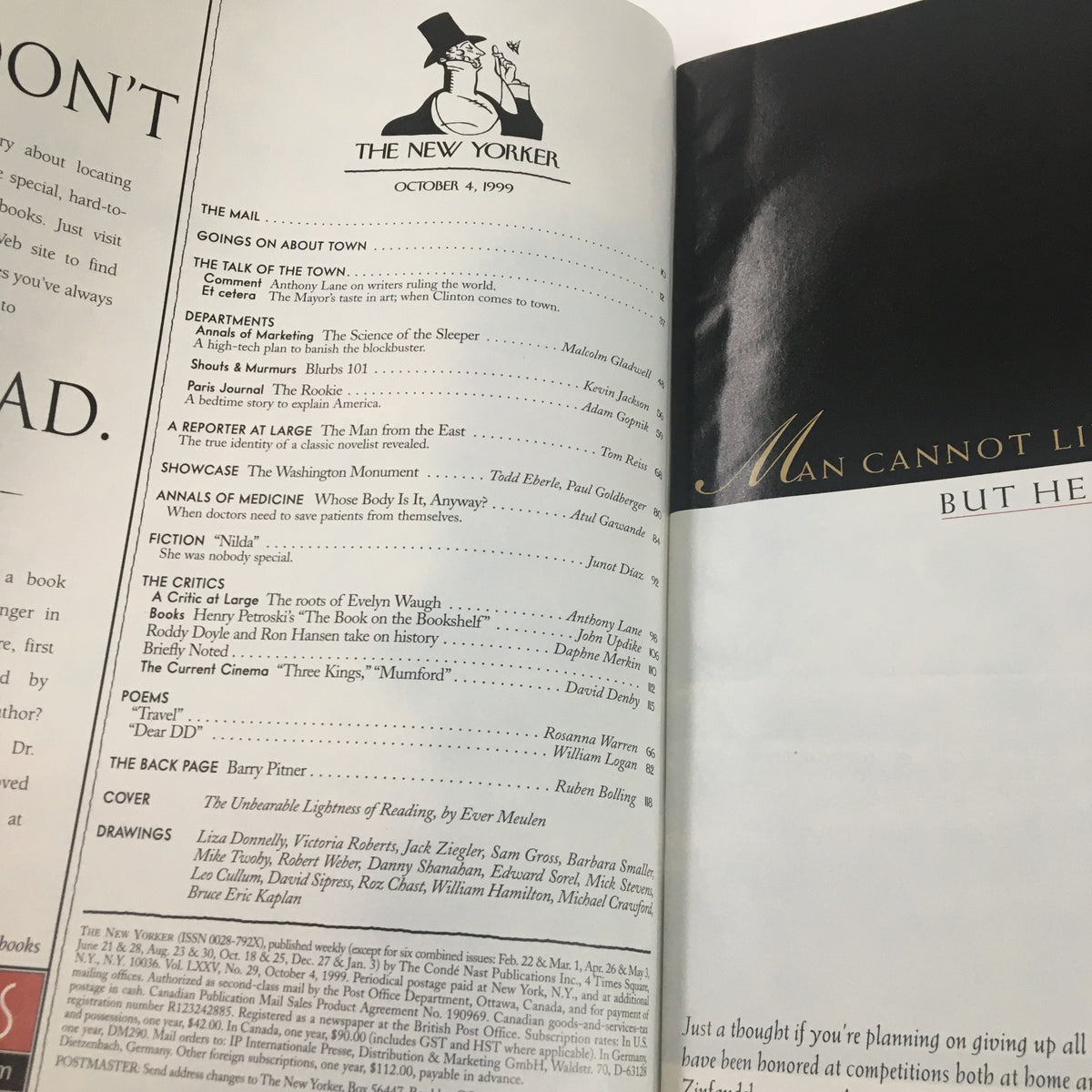 The New Yorker Full Magazine interior page from October 4, 1999, displaying the table of contents with various articles and features including the cover story 'The Unbearable Lightness of Reading' and details about literary critiques and poems.