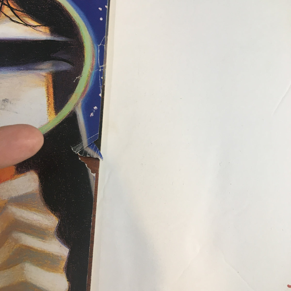 Detail of cover damage on The New Yorker Full Magazine January 11 1999, showcasing the artwork 'Spyglass' by Lorenzo Mattotti, highlighting imperfections that add character.
