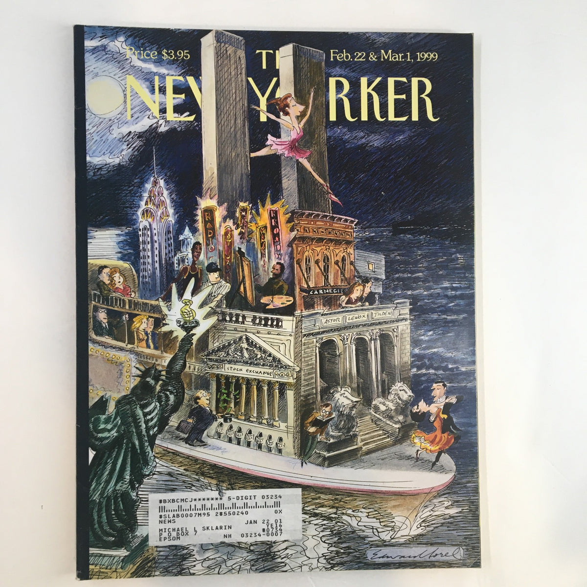 Cover of The New Yorker Full Magazine dated February 22, 1999, featuring the illustration 'City of Dreams' by Edward Sorel, depicting iconic New York landmarks and a blend of cultural imagery.