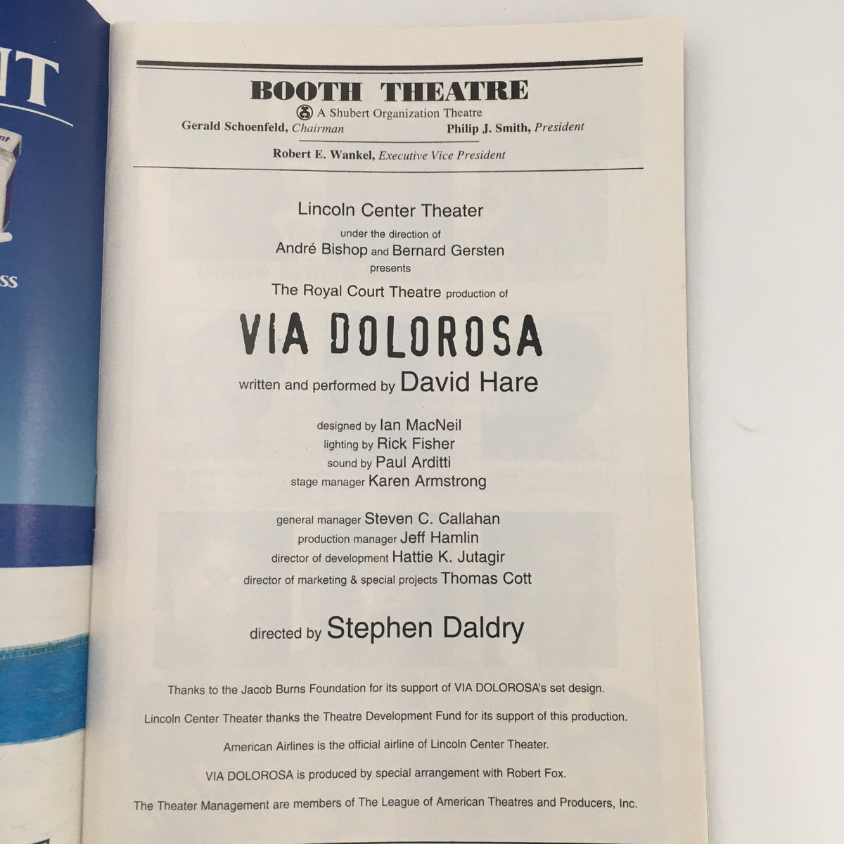 Inside page of the 1999 Playbill from Booth Theatre for 'Via Dolorosa' by David Hare, detailing production credits and directorial team, emphasizing its importance in theatrical history.