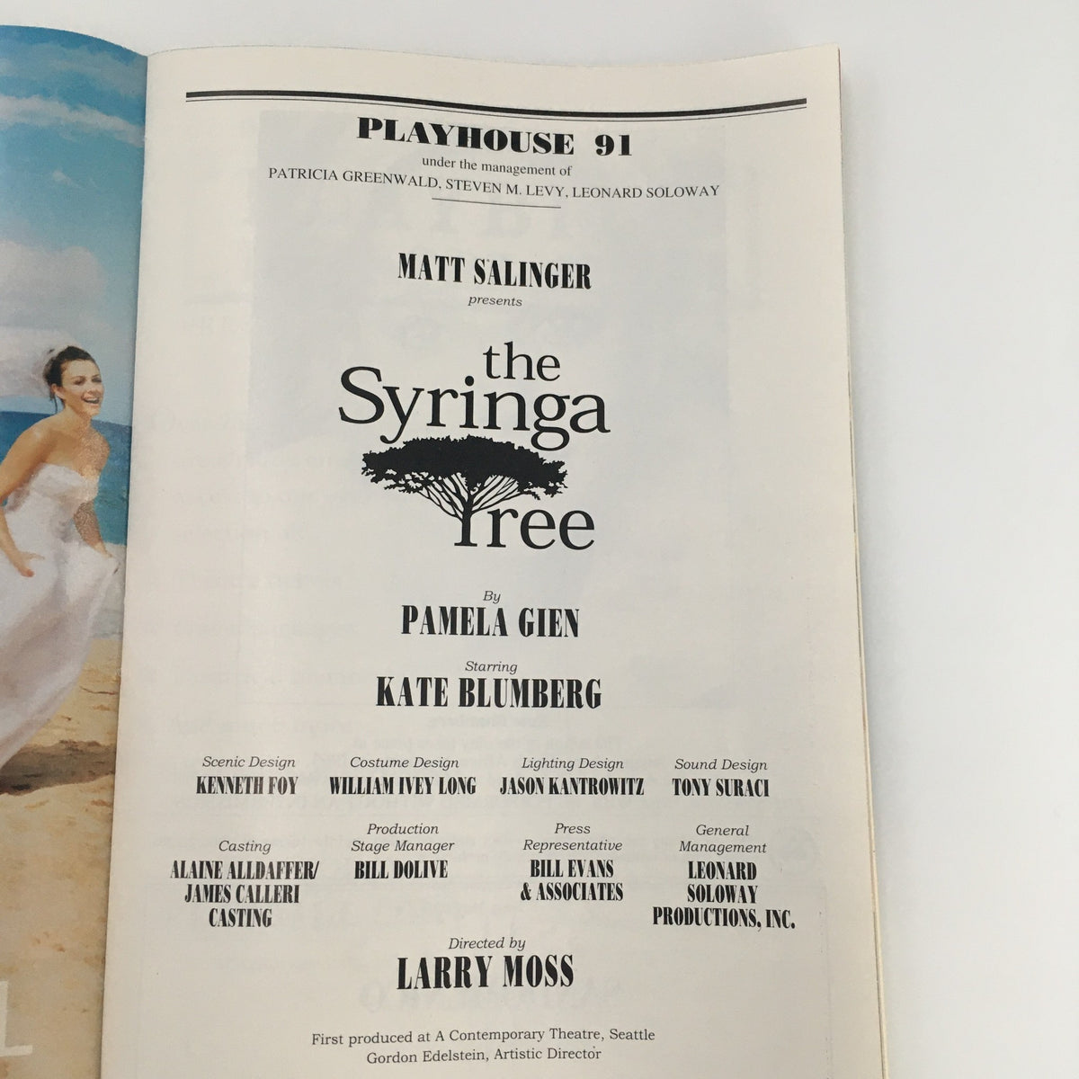 Inside page of the 2001 Playbill for 'The Syringa Tree' presented by Matt Sallinger, detailing cast and crew information.