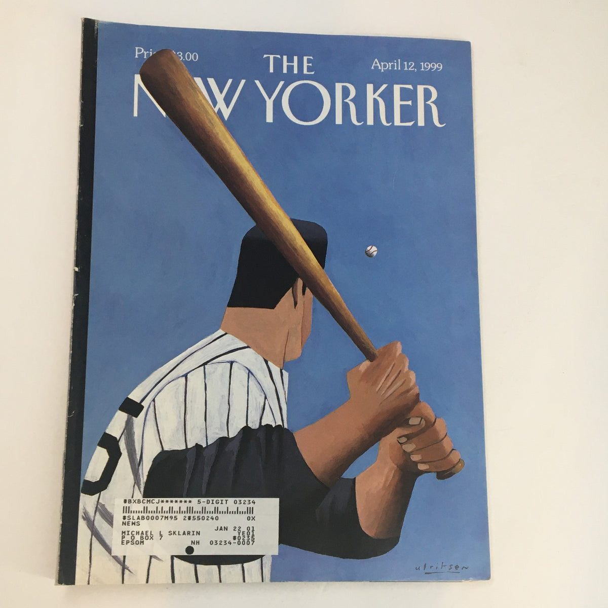 The New Yorker Full Magazine April 12 1999 titled 'Opening Day' by Mark Ulriksen features a striking cover illustration of a batter holding a baseball bat, set against a vibrant blue background, capturing the excitement of baseball's season opener.