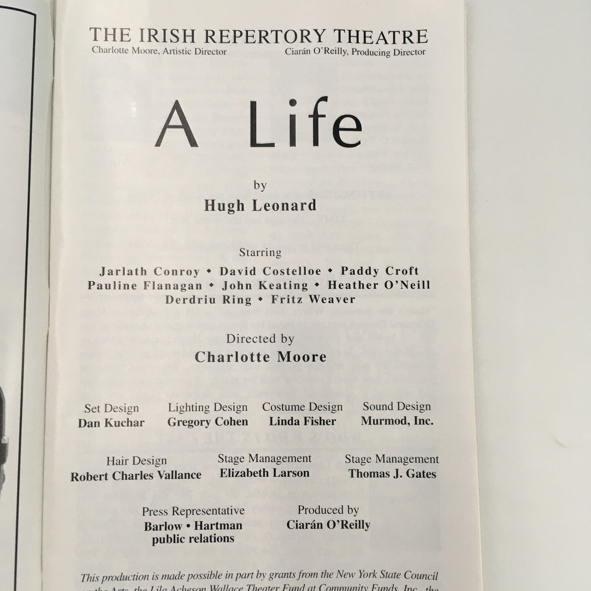 The inside page of the Irish Repertory Theatre Showbill for ‘A Life’ by Hugh Leonard, listing the cast and production details.