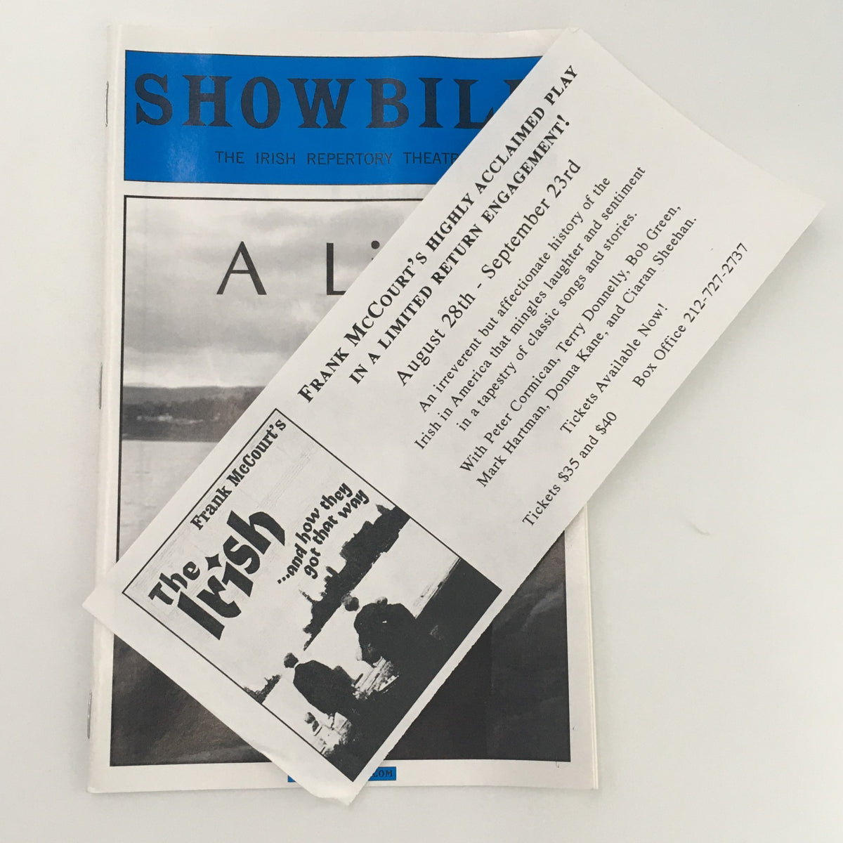 2001 Showbill for the Irish Repertory Theatre ‘A Life’ by Hugh Leonard, showcasing the show and an additional promotional flyer.