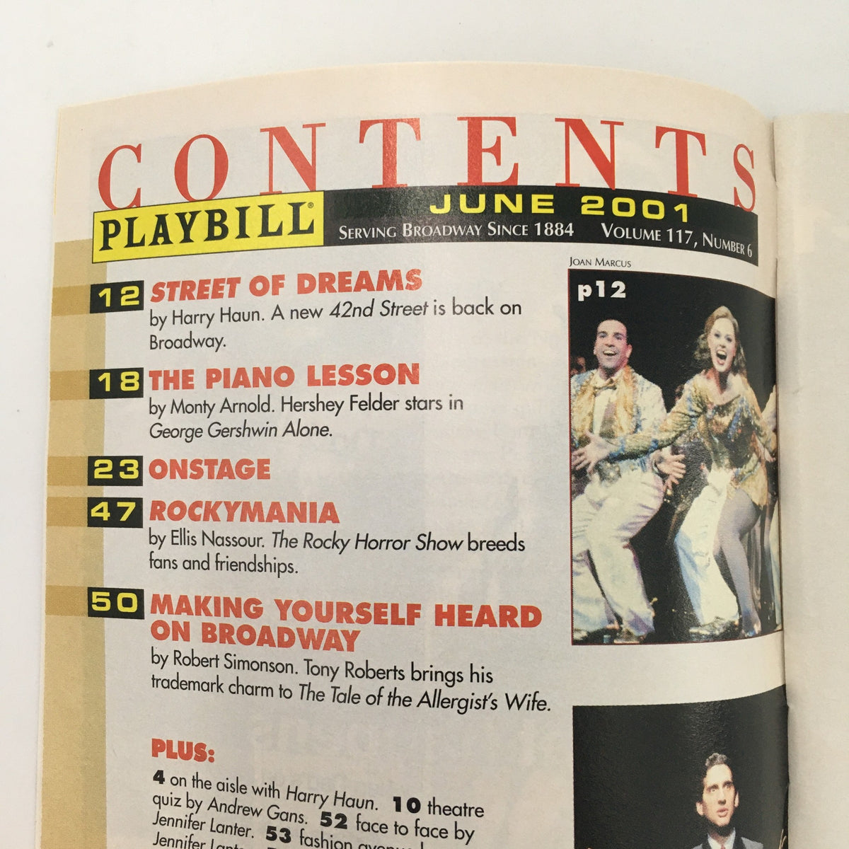 Contents page of the 2001 Playbill for Glimmer, Glimmer & Shine, listing other productions like Street of Dreams, The Piano Lesson, and RockyMania, with a date of June 2001.