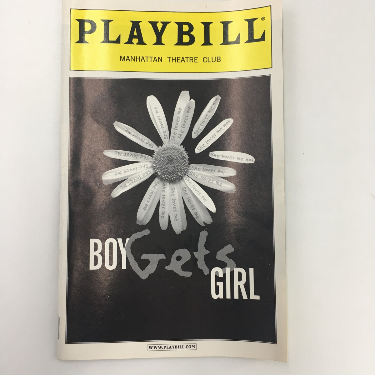 2001 Playbill for Boy Gets Girl featuring a photographic cover with a daisy and handwritten notes, highlighting the play's themes of love and desire.