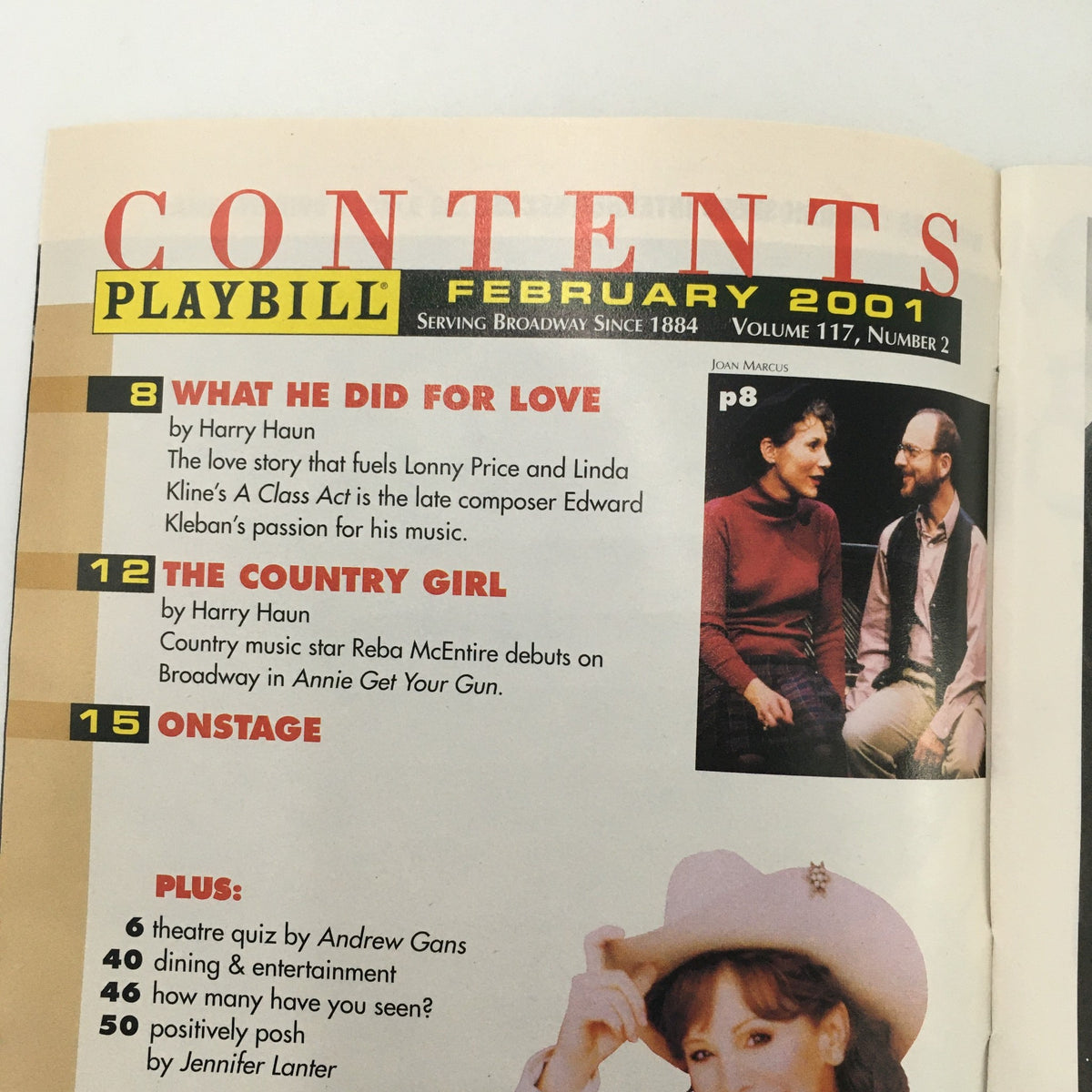 Contents page from the February 2001 Playbill for Boy Gets Girl, showcasing articles and features related to theater performances and stories.