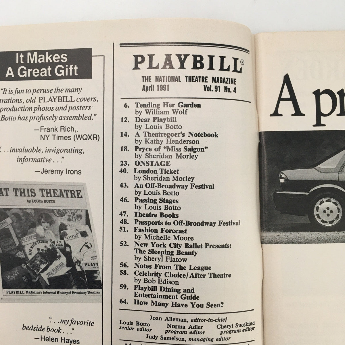 Inside page of the 1991 Playbill for 'The Substance of Fire,' showcasing the table of contents and features of the April 1991 issue.