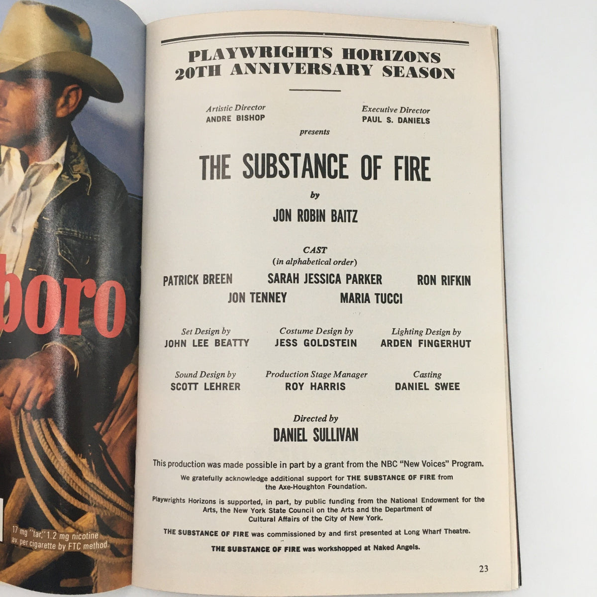 Cast and production details page from the 1991 Playbill for 'The Substance of Fire,' highlighting Sarah Jessica Parker's role and the creative team behind the production.