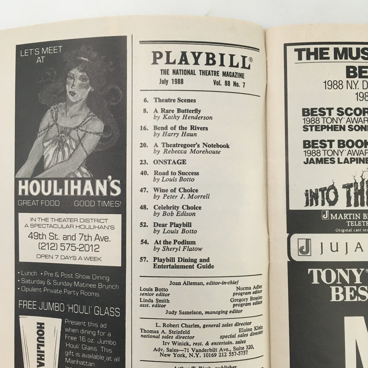 Inside view of the July 1988 Playbill, showcasing theater scenes and articles related to Broadway performances, including highlights from various productions.