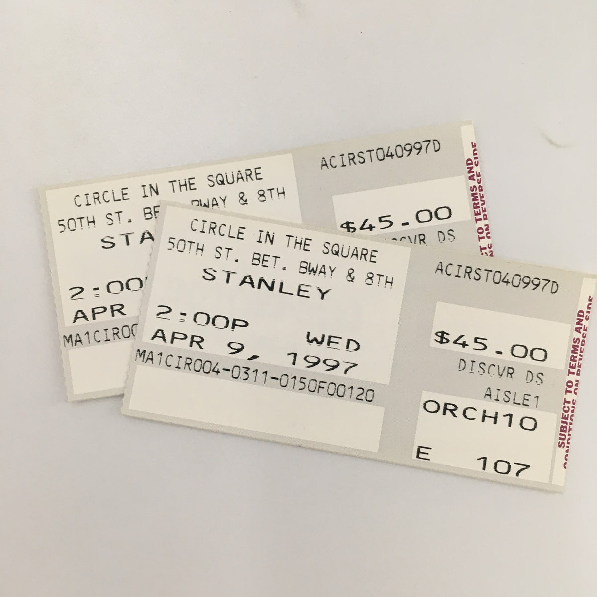 Original tickets for the 1997 Playbill production of Stanley at Circle in the Square Theatre.