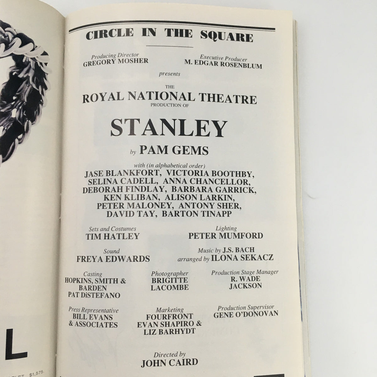 Cast and crew page from the 1997 Playbill for Stanley at Circle in the Square Theatre, including information on the production team.