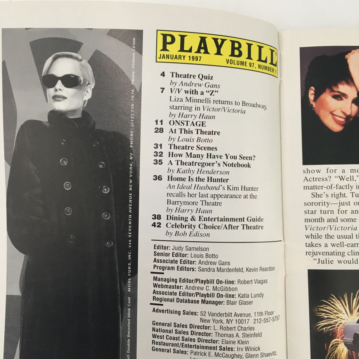 Inside page of the 1997 Playbill for Chicago at Richard Rogers Theatre, showcasing various contents including a theater quiz and celebrity spotlight.