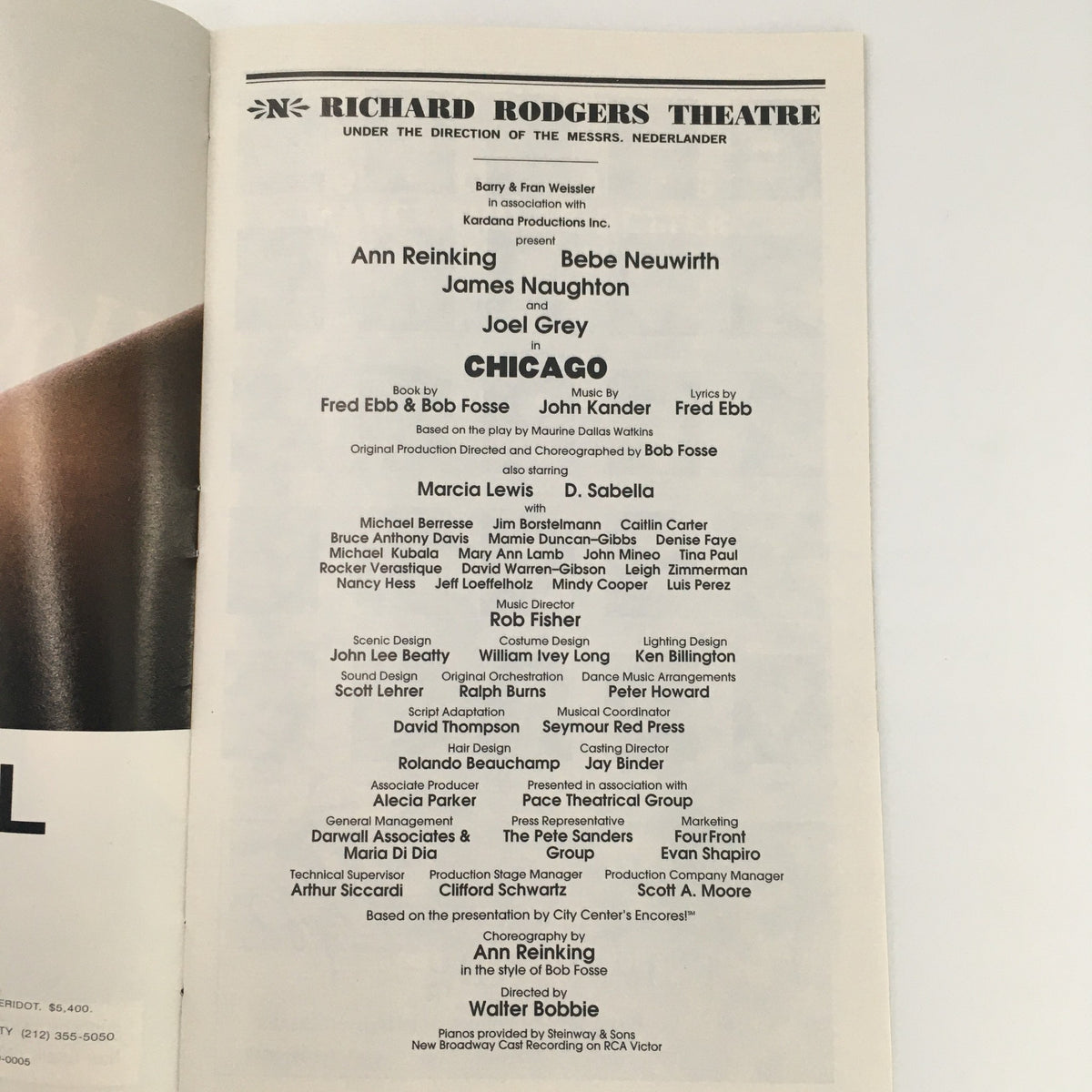 Inside page of the 1997 Playbill for 'Chicago' at Richard Rogers Theatre featuring cast list including Marcia Lewis and D. Sabella.