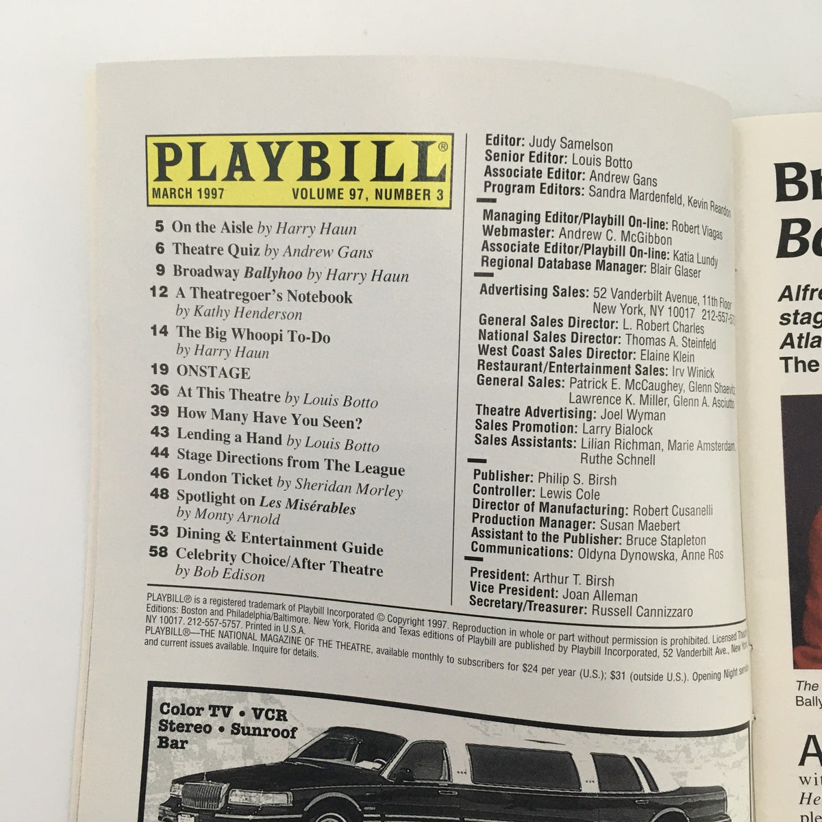 Interior page of the 1997 Playbill The Music Box 'Barrymore', displaying the table of contents and editorial staff details.