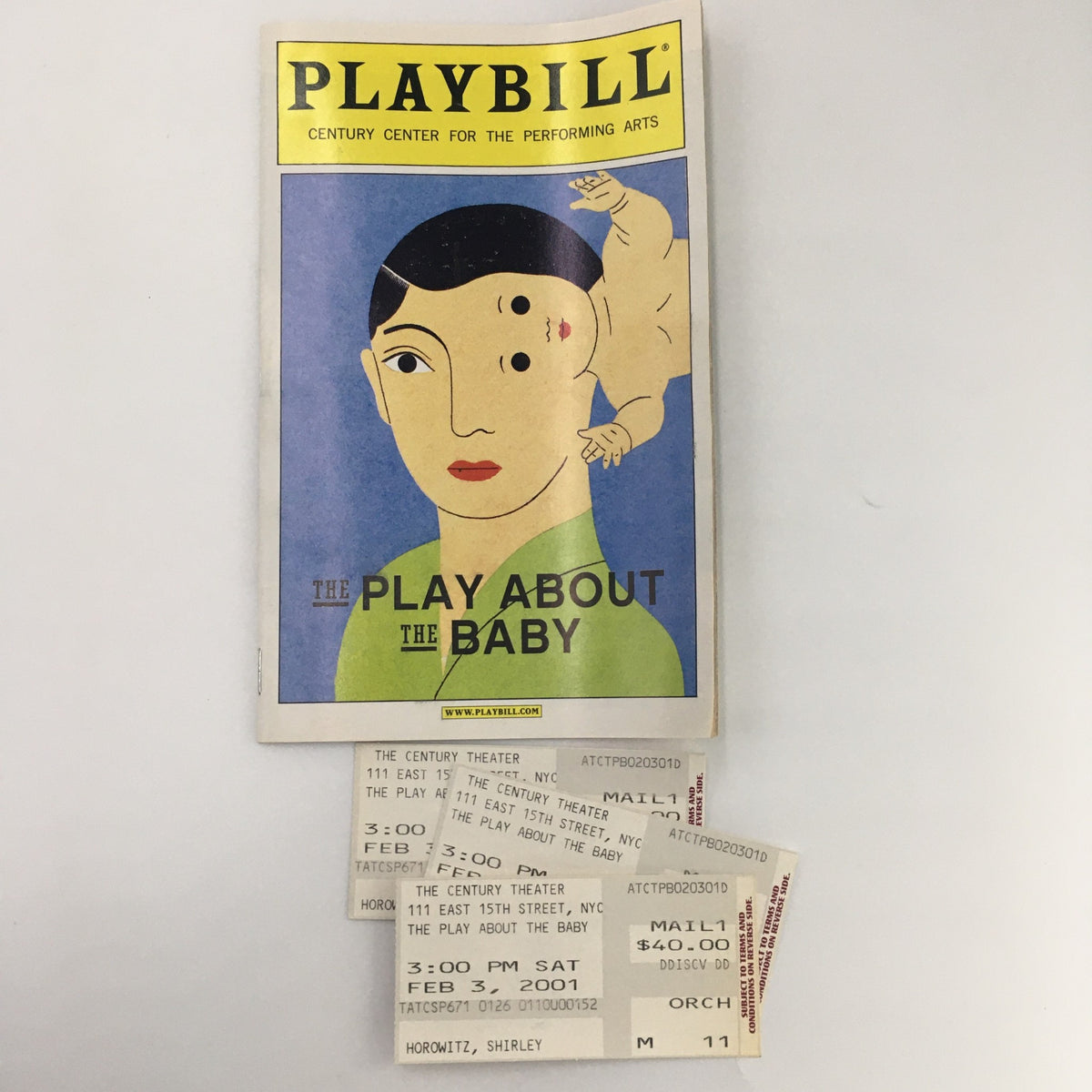 2001 Playbill The Century Theater 'The Play About The Baby' alongside original tickets from the performance.