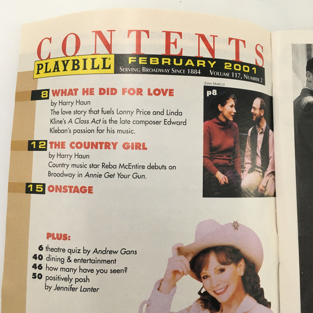 Inside contents page of the 2001 Playbill for The Century Theater 'The Play About The Baby' featuring articles and information about other shows.