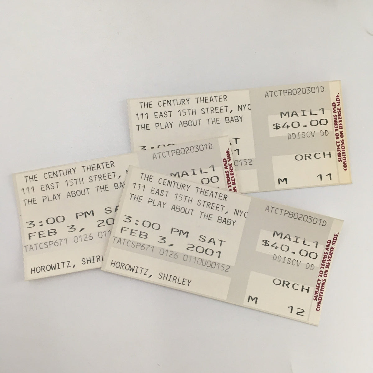 Original tickets for the 2001 performance of The Century Theater 'The Play About The Baby' detailing the date and price.