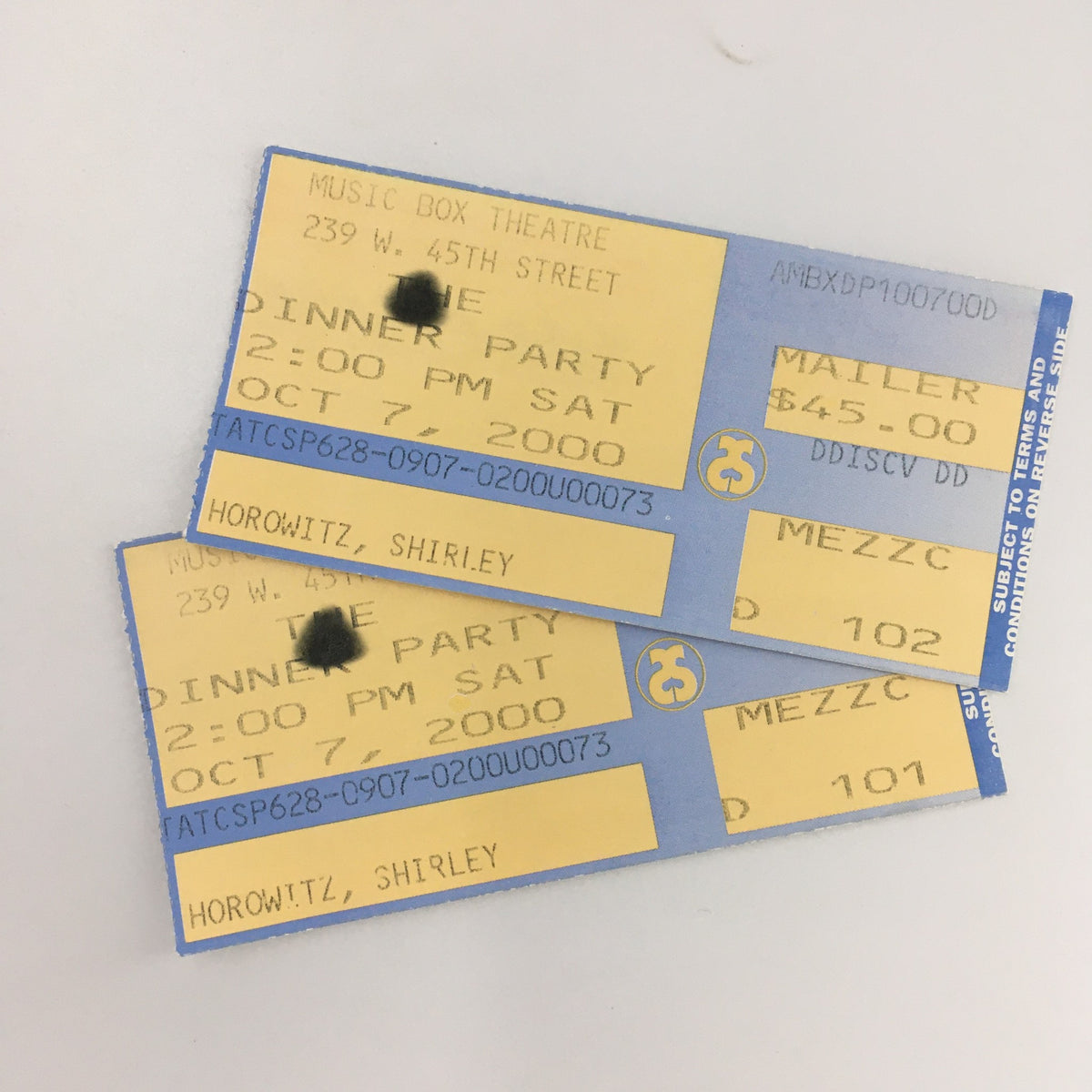 Original tickets from the 2000 production of 'The Dinner Party' at The Music Box Theatre, featuring performance details and authentic markings.