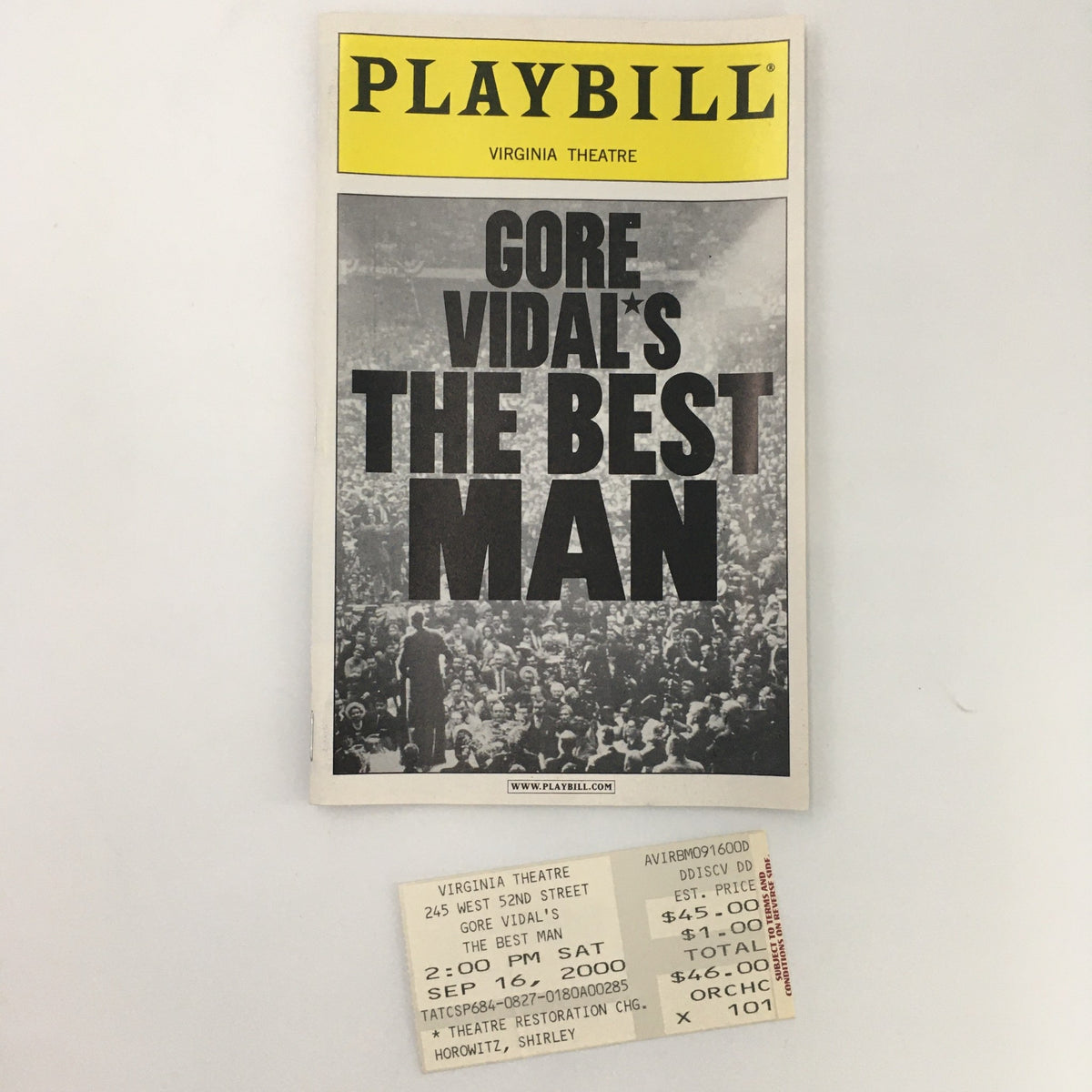 2000 Playbill for Gore Vidal's The Best Man from Virginia Theatre, showcasing the iconic cover design and including original tickets from the performance.