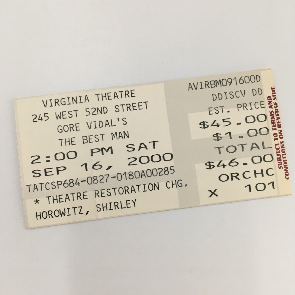 Ticket stub for the 2000 production of 'Gore Vidal's The Best Man' at the Virginia Theatre, detailing event date and price.