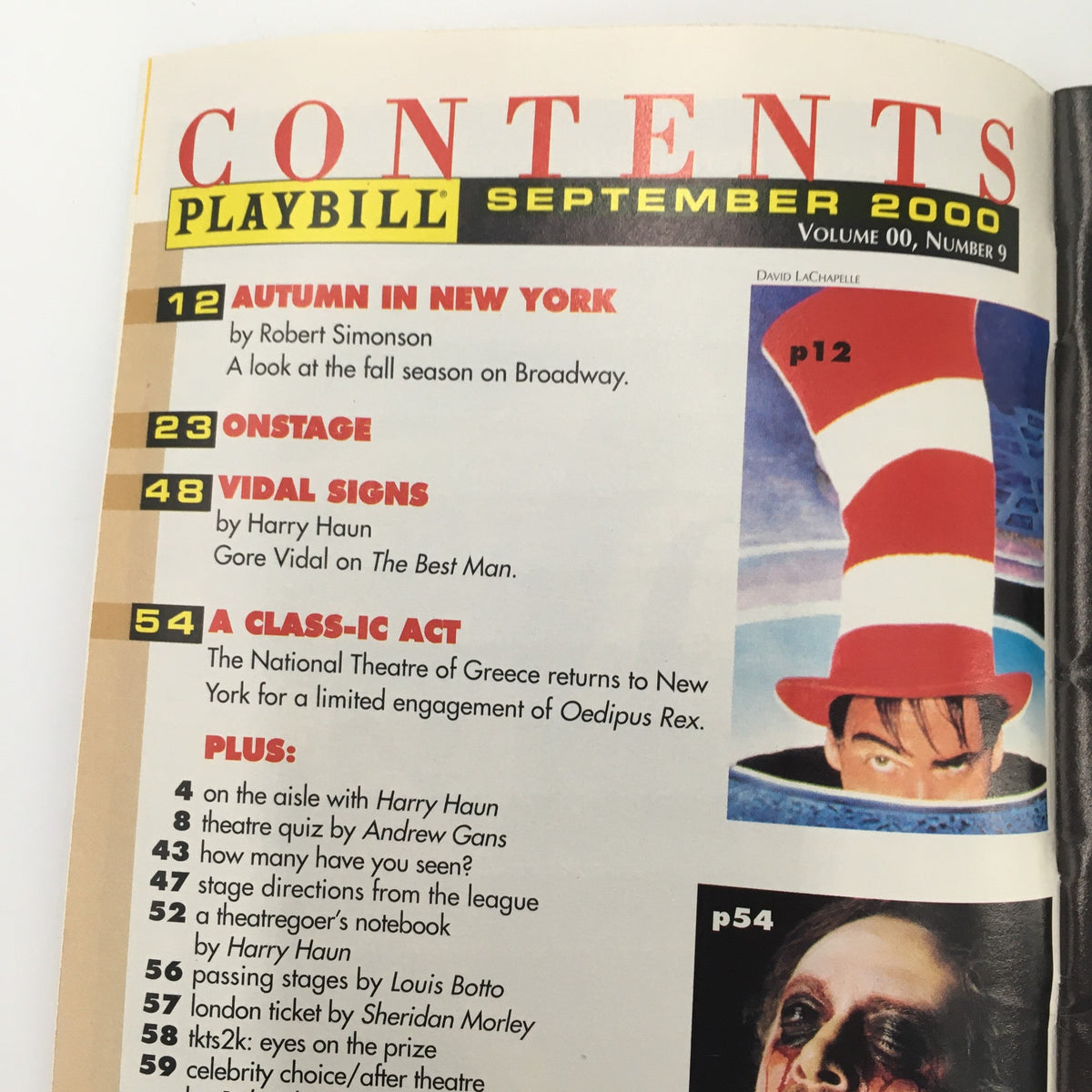 Contents page from the September 2000 Playbill featuring articles and segments, including 'Gore Vidal's The Best Man.'