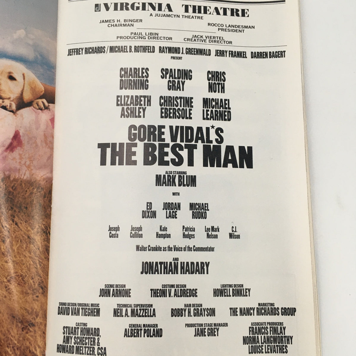 Inside page of the 2000 Playbill for 'Gore Vidal's The Best Man' listing the cast and crew of the production.
