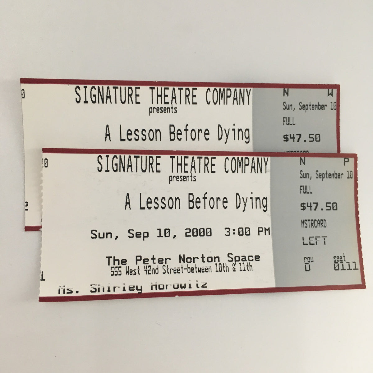 Original tickets for the 2000 Signature Theatre Company production of 'A Lesson Before Dying', showing date and details.