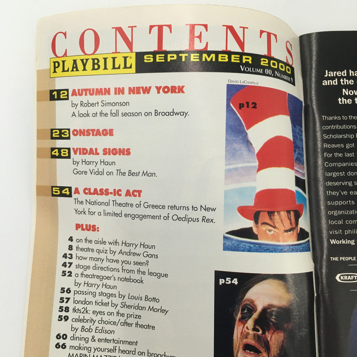 Contents page from the September 2000 Playbill featuring articles and highlights related to theater and performances.