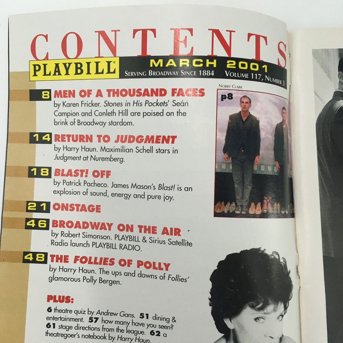 Contents page from the 2001 Playbill for National Actors Theatre 'Judgement at Nuremberg', March 2001 issue.