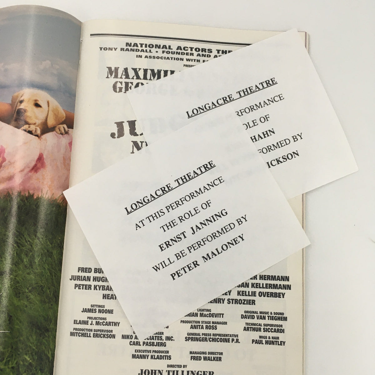Insert pages from the 2001 Playbill for National Actors Theatre 'Judgement at Nuremberg', detailing cast role information.