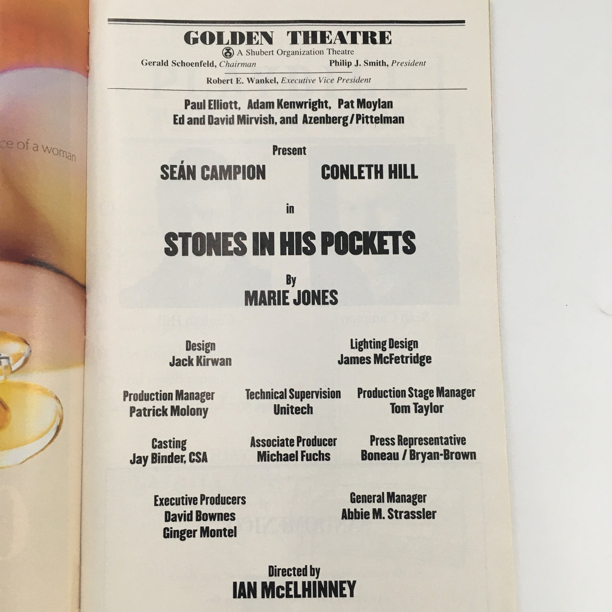 Production credits page from the Golden Theatre Playbill for 'Stones in His Pockets' presenting Sean Campion and Conleth Hill.