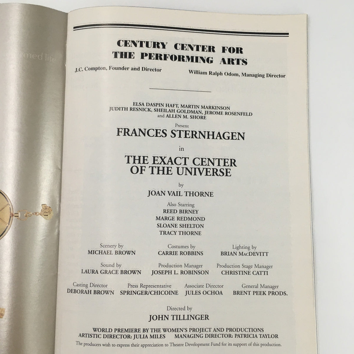Theatre program details for 'The Exact Center of the Universe' in the 1999 Playbill, listing cast and production team credits.