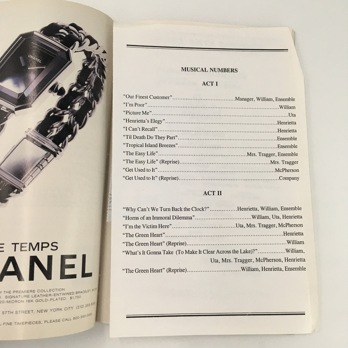1997 Playbill Variety Arts Theatre 'The Green Heart' - Musical numbers list page from the Playbill, outlining the songs featured in the performance.