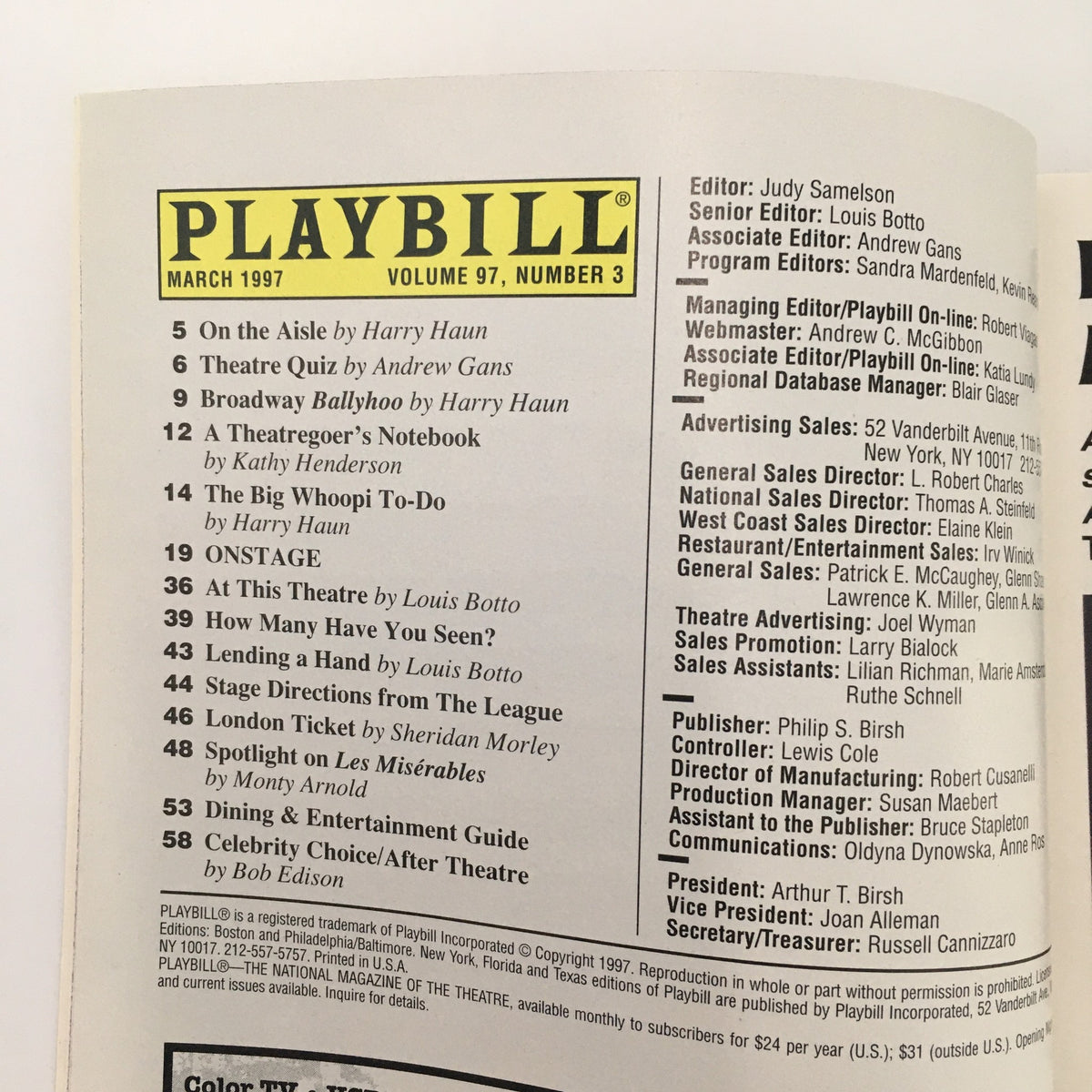 Interior page of the March 1997 Playbill for Dealer's Choice listing the contents, showcasing the volume and issue number for Manhattan Theatre Club.