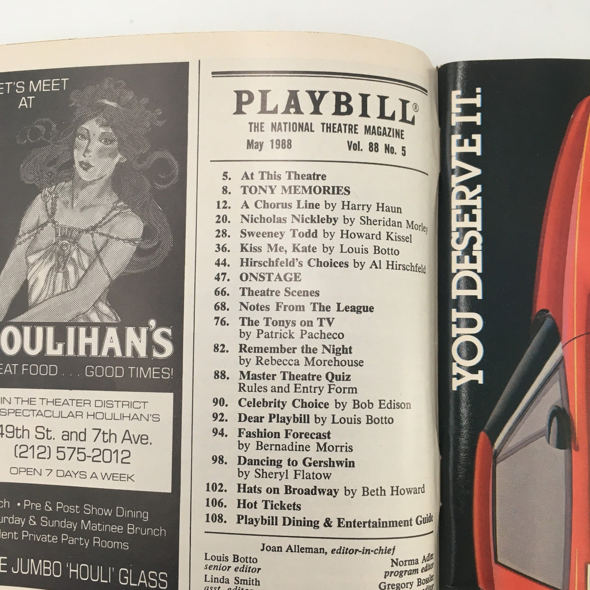 Inside page of the 1988 Playbill for 'Speed The Plow', showcasing a list of other shows and articles, emphasizing the theatrical context of the period.