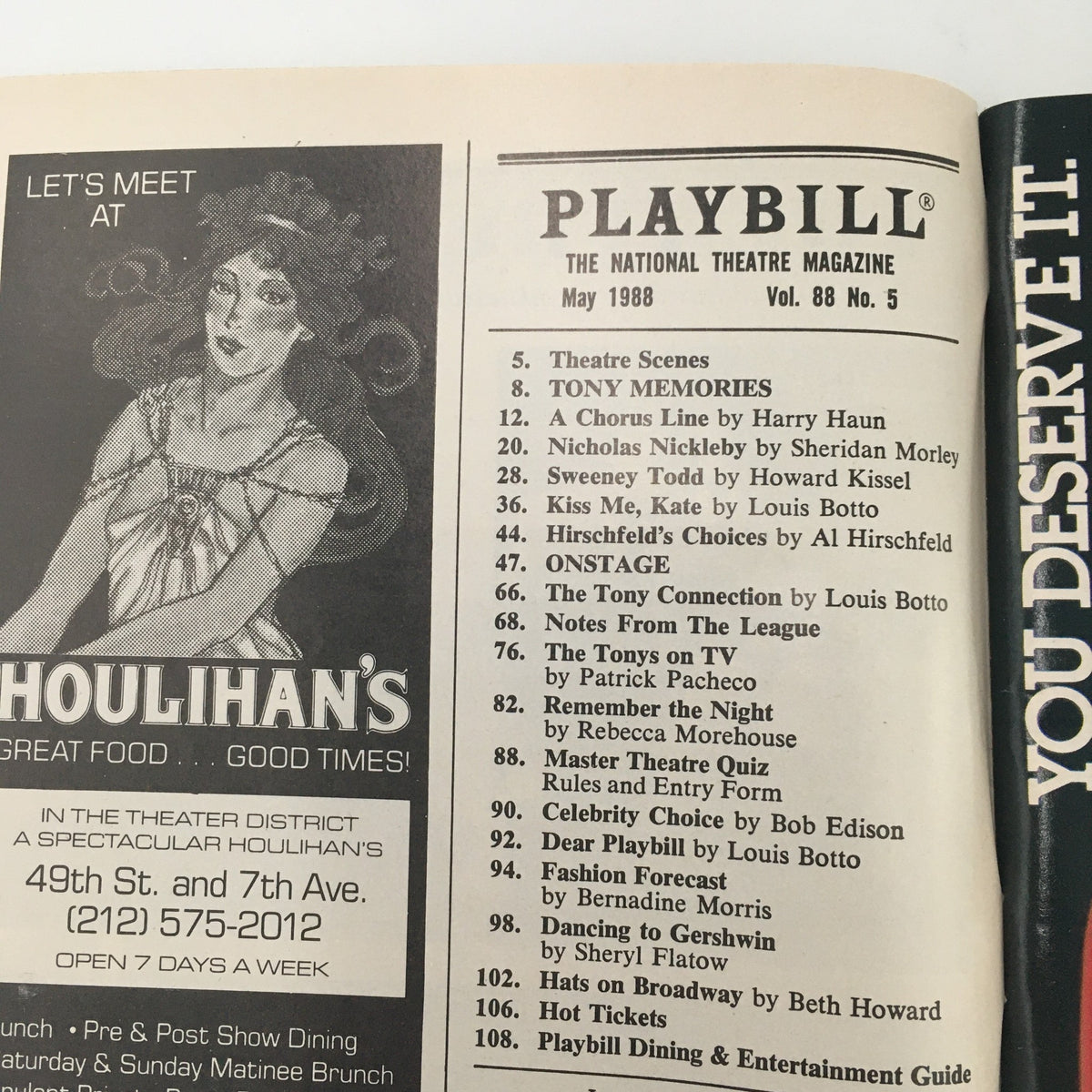 Inside page of the 1988 Playbill for 'The Road to Mecca' showcasing theater listings and advertisements.