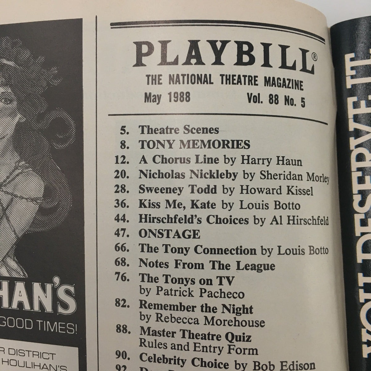 Inside the 1988 Playbill for 'Zero Positive,' listing contents including theatre scenes and Tony memories from May 1988.