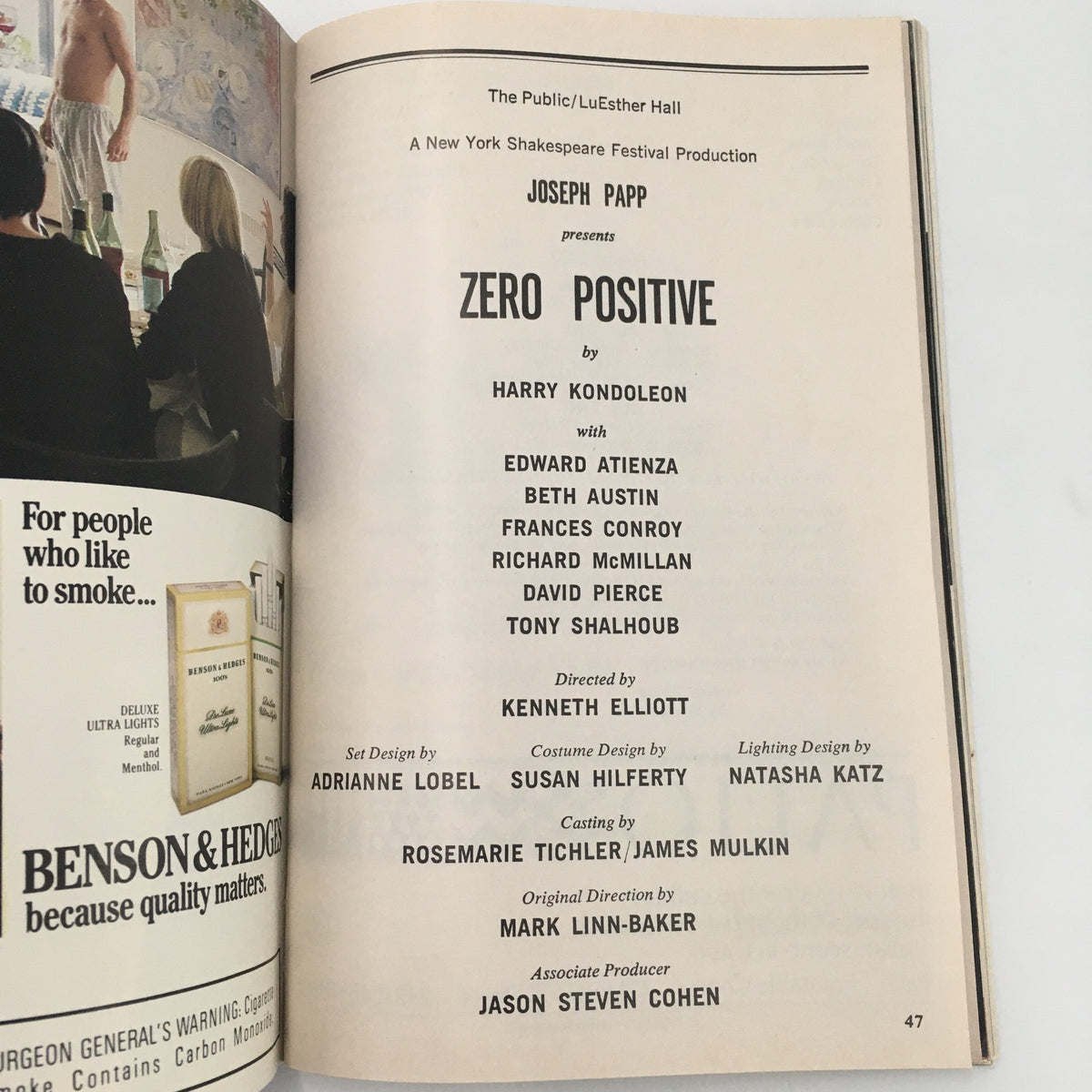 Page from the 1988 Playbill 'Zero Positive' featuring credits for the play, including cast names like Edward Atienza and Beth Austin.