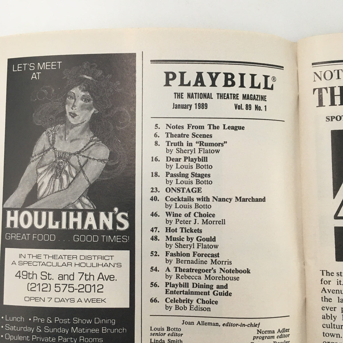 Interior page of the 1989 Playbill for 'The Heidi Chronicles' listing various theater content, advertisements, and features from January 1989, emphasizing the theater scene of that era.