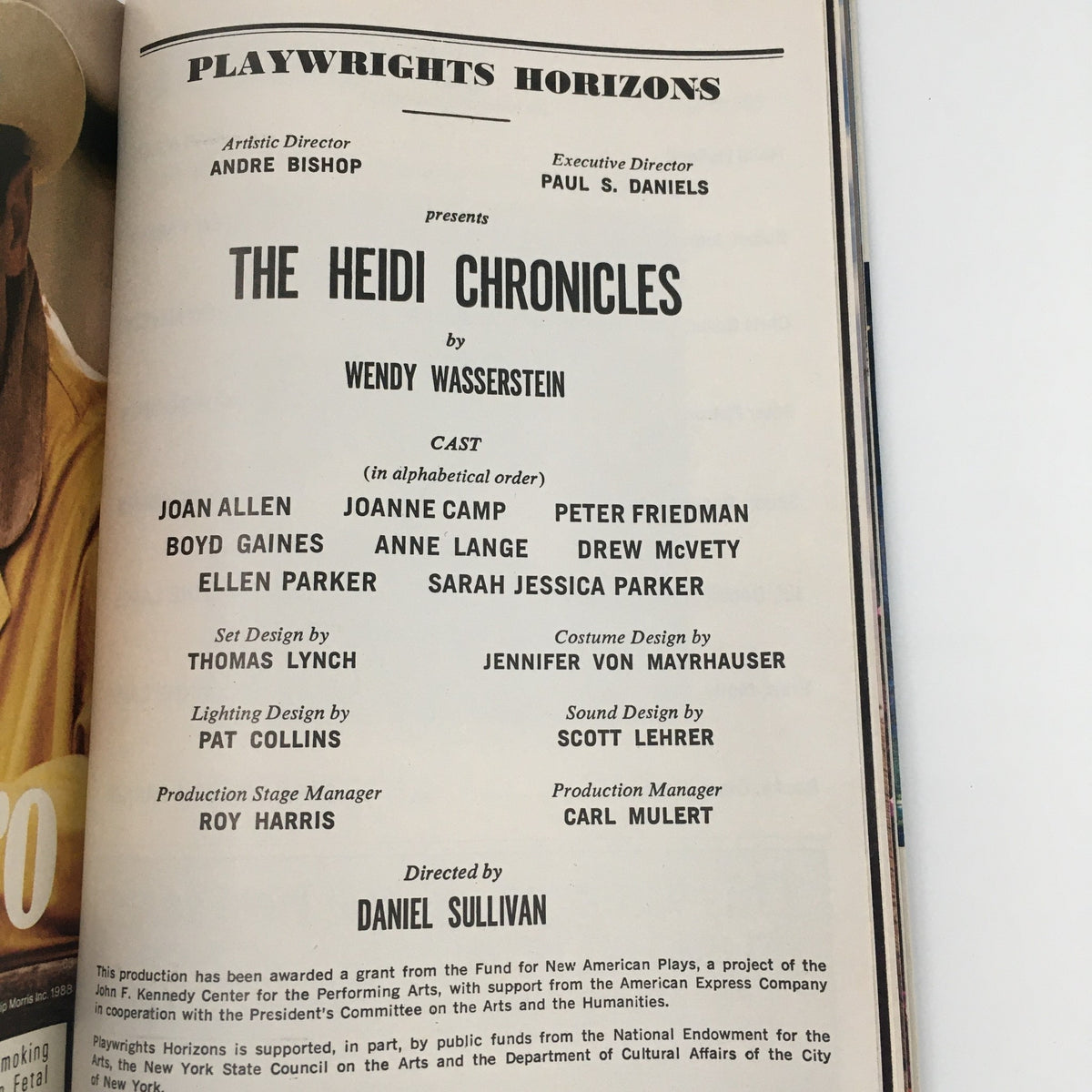 1989 Playbill for Playwrights Horizons presentation of 'The Heidi Chronicles' by Wendy Wasserstein, featuring cast members including Joan Allen, Anne Lange, and others; artistic and production details included.